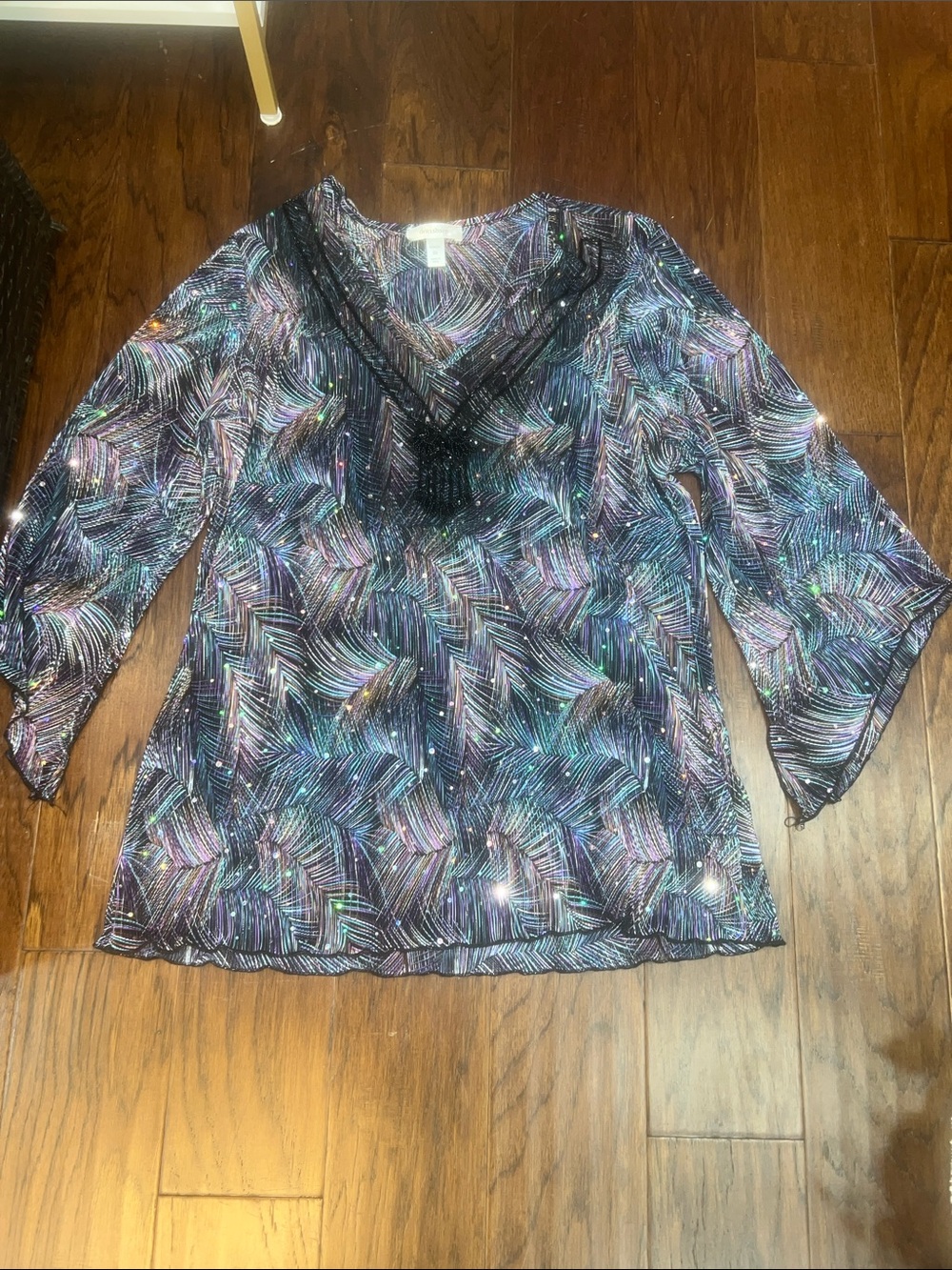 dressbarn Black Sheer Beaded V-Neck Blouse with Iridescent Print